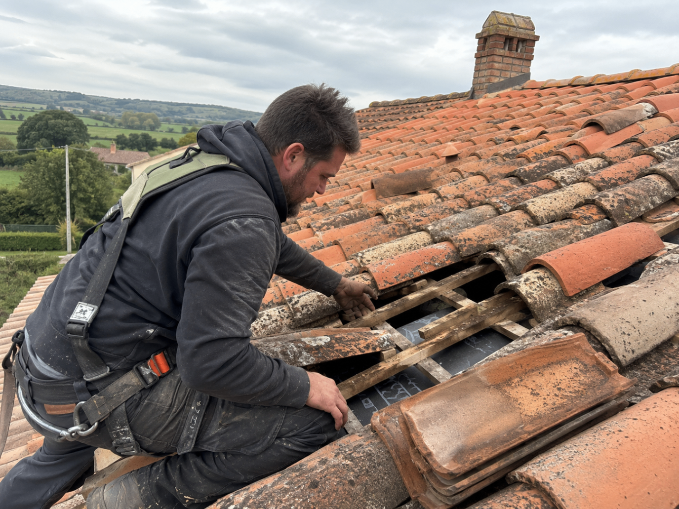 Artisan Techni Habitat en cours d'ouverture et de rénovation d'une toiture en tuiles