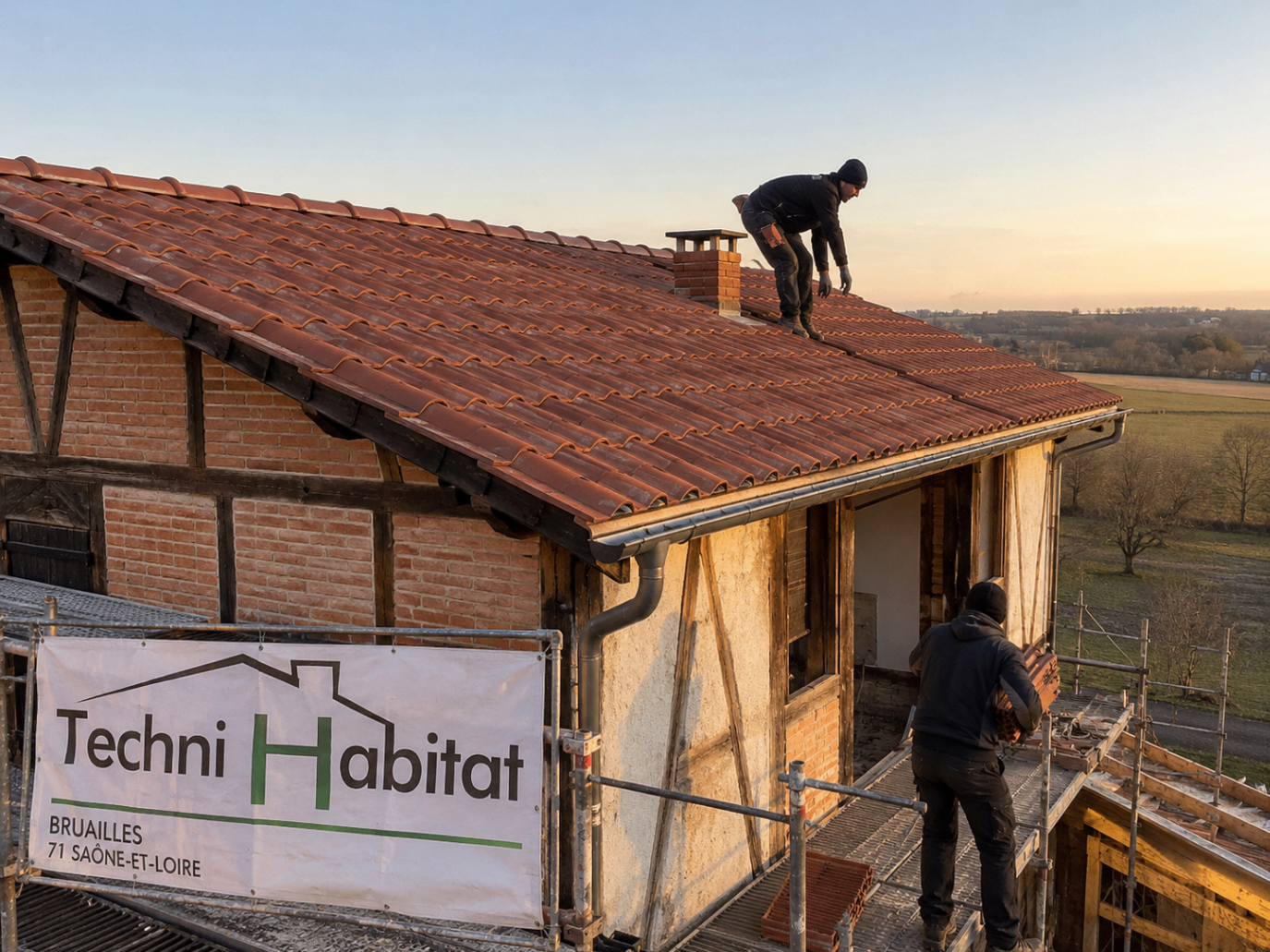 Chantier de couverture Techni Habitat sur une maison traditionnelle au coucher du soleil